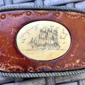 Vintage Leather Belt Buckle with Scrimshaw Ship Design